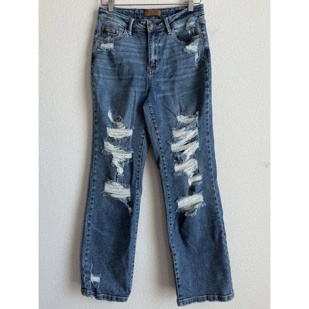 Judy Blue Jeans Women’s 7/28 Straight Fit Mid Rise Distressed Stretch Denim - Picture 9 of 15
